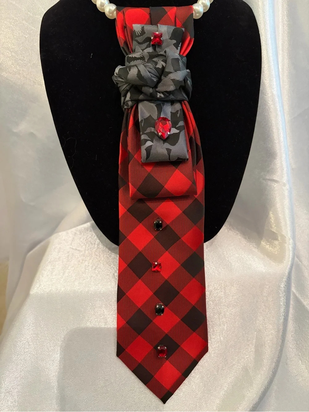 Women’s  Red and Black Plaid Necktie with Gray Floral Accent